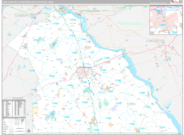 York-Hanover, PA Metro Area Wall Map
